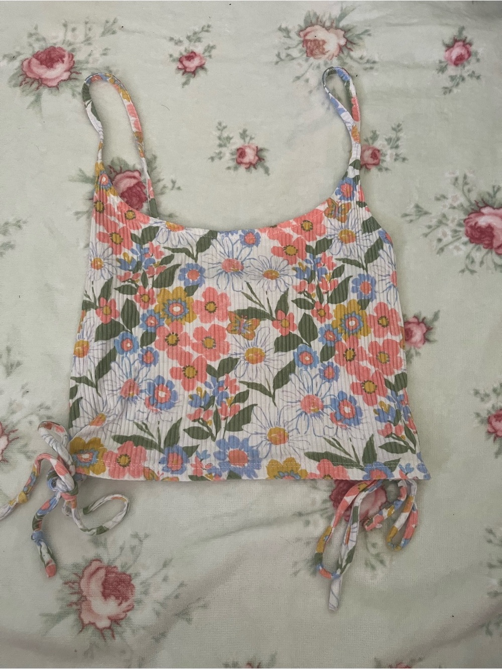 PacSun Coral Pink Multi Floral Ribbed Tie-Hem Cami
